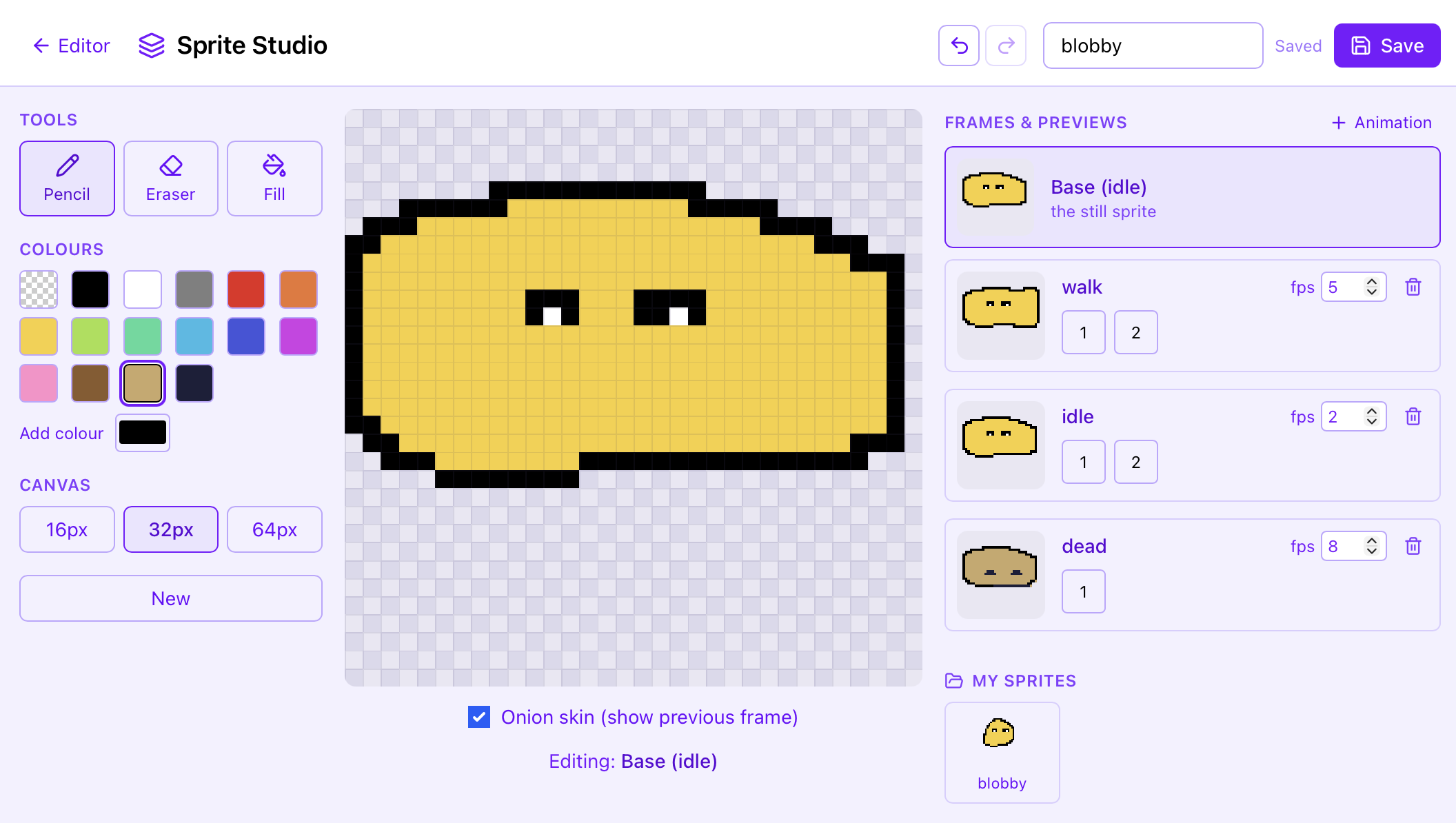 The Sprite Studio: a pixel canvas with a kid-drawn yellow blob character, a colour palette, and idle, walk and dead animation frames listed down the side.